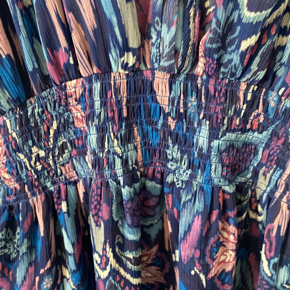 Ramy Brook Blue Paisley Ikat Smocked Waist Flutter Sleeve Ruffle Mini Dress - Picture 5 of 7